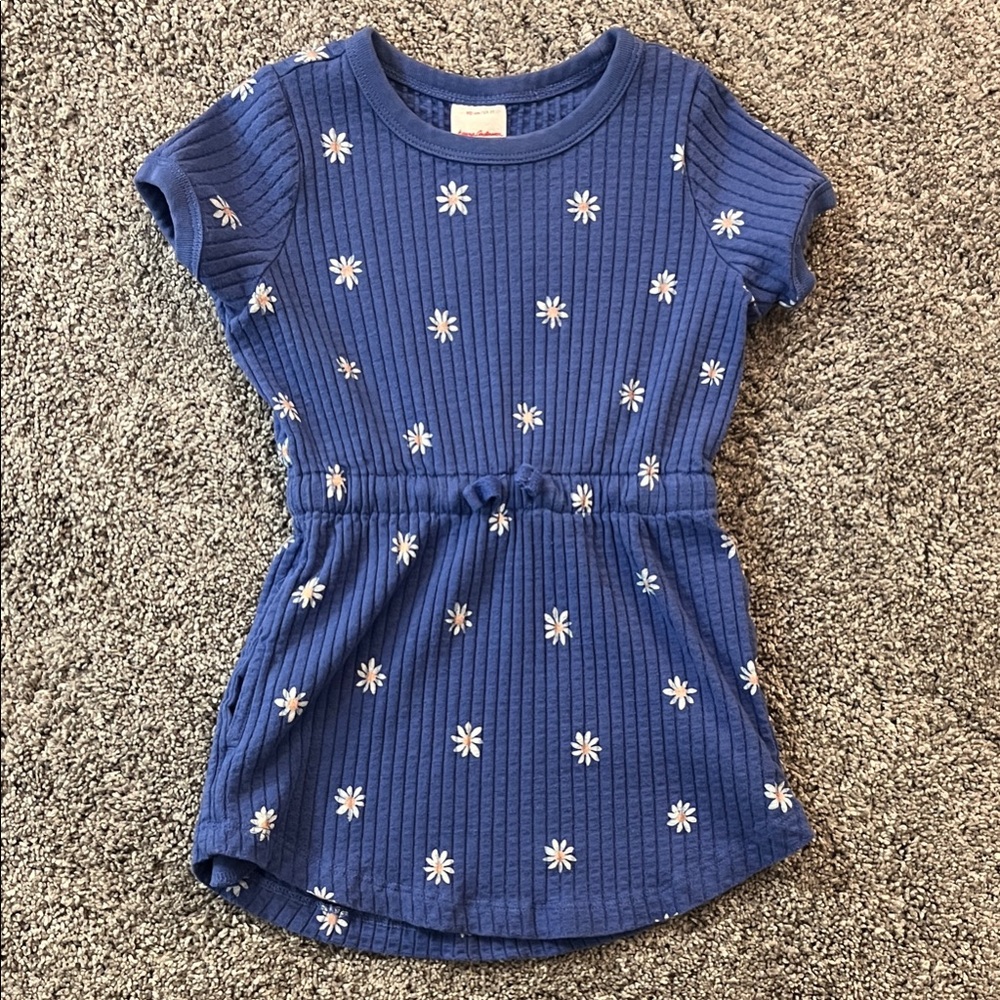 Blue Ribbed Dress with Daisy Embroidery